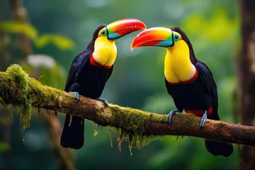 Poster Two stunning and vibrant birds majestically rest side by side on a sturdy tree branch, Two toucans perch on a branch in the vibrant rainforest, AI Generated © Iftikhar alam