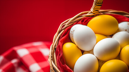 Basket with Easter eggs close-up. Yellow and red colors