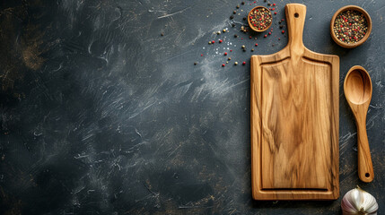 A Rustic Kitchen Table Scene: A Dark Wooden Cutting Board and Cooking Spoon