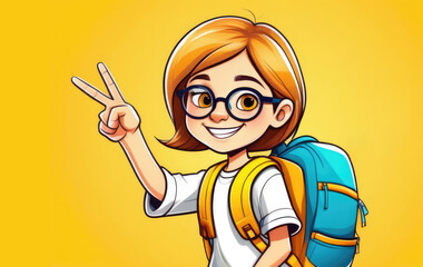  illustration of a girl child with glasses in a white T-shirt and blue jeans with a backpack on a yellow background. 