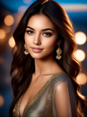 Painting of woman in gold dress with earrings on her head.