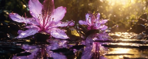 purple flowers are sitting in the water with the sun shining