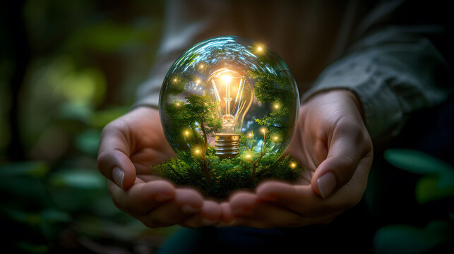 hands holding a small glowing crystal ball in the forest, in the style of reimagined by industrial light and magic, sustainable design, national geographic photo, teal and green, unreal engine 5, made