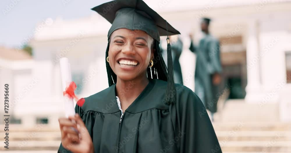 Wall mural Education, graduation and smile with black woman student at university event for milestone celebration. Portrait, smile for success and graduate with certificate on campus for growth or achievement