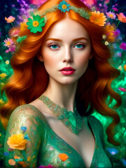 Painting of woman with red hair and flowers in her hair, wearing green dress.