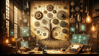 Phylogenetic Tree of Time: A Fusion of Vintage Styles and Modern Technology