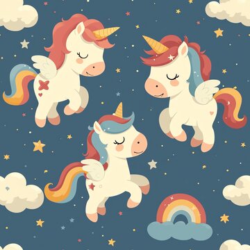 Dreamy Nights: Whimsical Cartoon Unicorns and Stars