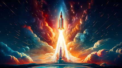 Rocket taking off illustration, symbolizing ambition, innovation and discovery - obrazy, fototapety, plakaty