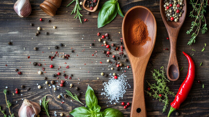 Rustic Kitchen: Wooden Spoon and Ingredients - obrazy, fototapety, plakaty