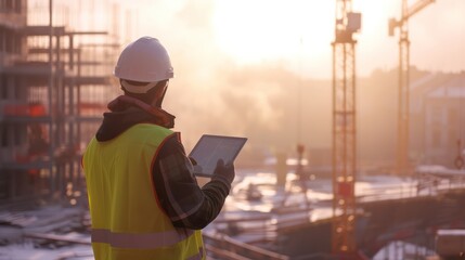 Engineer with a white helmet and yellow vest seen from the side, standing on a construction site roof with cranes, operating a tablet.