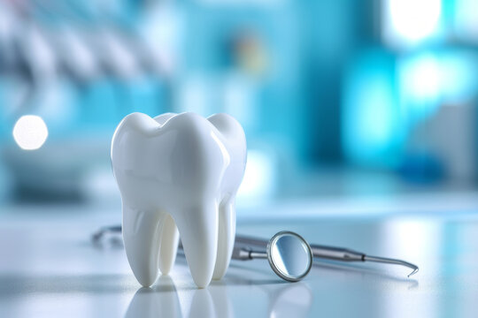 a medical background with a tooth and a mirror on the table, dental instruments and a place for text