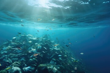 This photo captures the alarming sight of a massive volume of plastic waste adrift on the oceans surface, Underwater view of a pile of garbage in the ocean, 3D rendering, AI Generated