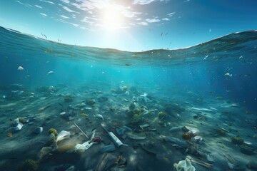 An alarming photo capturing the shocking reality of numerous waste items polluting our oceans, Underwater view of a pile of garbage in the ocean, 3D rendering, AI Generated - obrazy, fototapety, plakaty