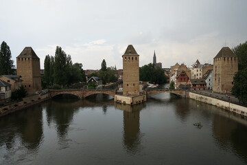 The Ponts Couverts, historic set of three bridges and four defensive towers, popular tourist landmark, Strasbourg, France