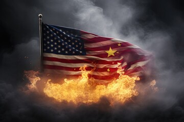 A striking photo capturing an American flag engulfed in flames, surrounded by billowing smoke, USA vs China flag on fire, AI Generated