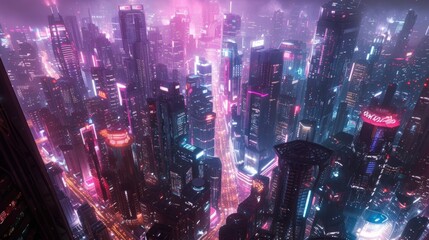 A cyberpunk cityscape with neon-lit skyscrapers, radiating futuristic energy and urban sophistication.