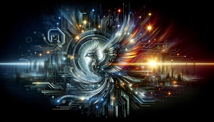 Futuristic cyber phoenix rising from vibrant digital landscape.
