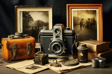 Fotobehang An old fashioned camera sits atop a table, showcasing a piece of classic photography equipment, Vintage camera and old photographs, AI Generated © Iftikhar alam