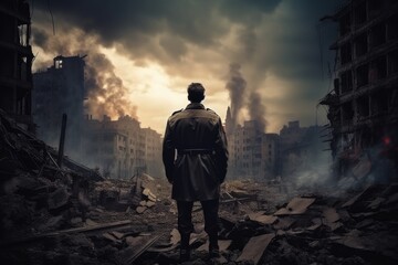 Devastated City With a Lone Man Amidst the Ruins, War Concept, A military man in World War II uniform stands against the backdrop of destroyed buildings, AI Generated