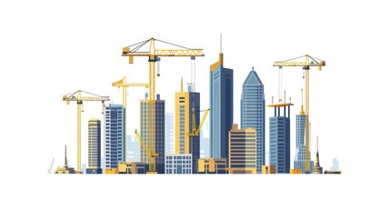 Obraz premium Simple illustration depicting the construction site of skyscrapers, showcasing the development of high-rise office and urban buildings, isolated on a white background