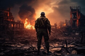 Man Standing in Middle of Destroyed Building After Disaster, War Concept, A military man in World War II uniform stands against the backdrop of destroyed buildings, AI Generated