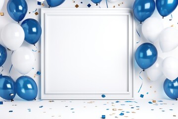 A festive arrangement featuring a white frame surrounded by a vibrant mix of blue and white balloons, White frame on a white background with blue balloons and confetti, AI Generated