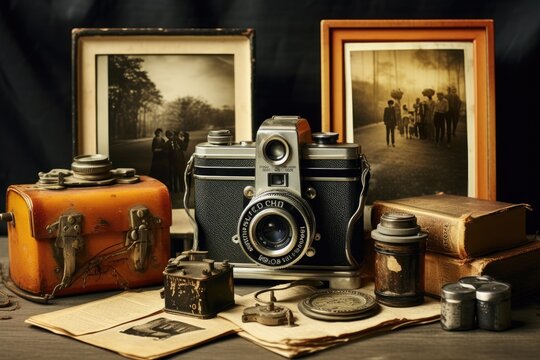 An old fashioned camera sits atop a table, showcasing a piece of classic photography equipment, Vintage camera and old photographs, AI Generated