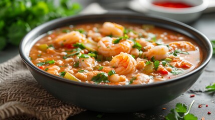 A bowl of seafood gumbo, a Cajun delight, with shrimp, crab, and okra in a spicy broth.