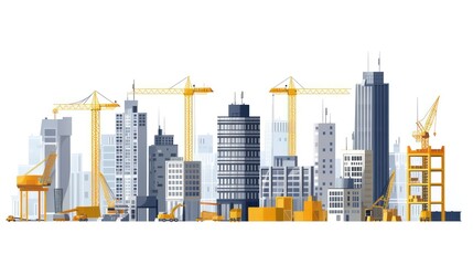 Simple illustration depicting the construction site of skyscrapers, showcasing the development of high-rise office and urban buildings, isolated on a white background