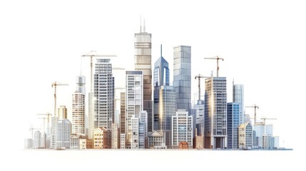 Simplified drawing showing the construction site of skyscrapers, emphasizing the development of high-rise office and urban buildings. Isolated on a white background.