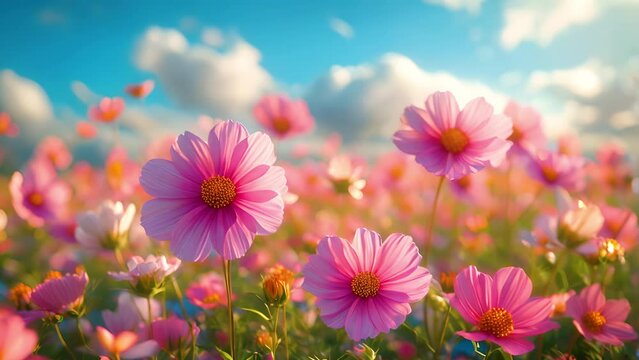 Colorful cosmos flowers swaying in wind