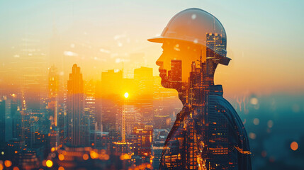 Engineer Contemplating Urban Construction.
Engineer in silhouette pondering the urban construction panorama at dusk.