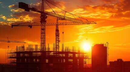 Fototapeta premium Skyscraper construction site with a prominent construction crane on a high building project.