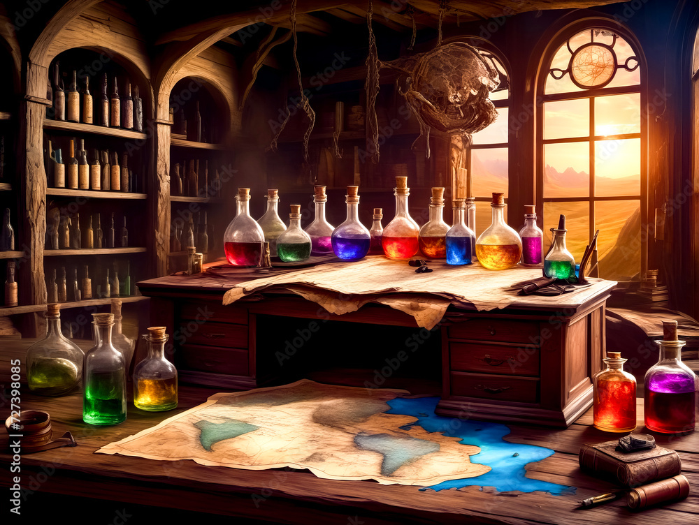 Poster desk with bunch of bottles of liquid on it and clock in the background.