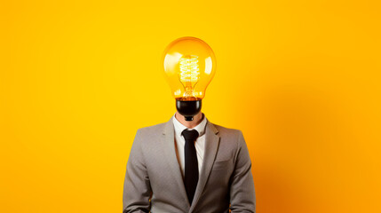 A creative visual metaphor depicting a man in a tailored suit with a brightly lit light bulb replacing his head, against vivid yellow background, suggesting moment of insight or burst of inspiration.