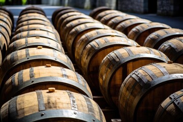 A collection of wooden barrels stacked atop each other, showcasing their traditional use for storage and transportation, Wooden oak Port barrels in neat rows, AI Generated