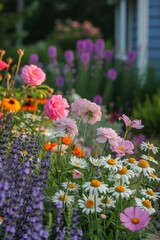 Fototapeta premium A cottage garden, charmingly wild with blooming perennials like roses, lavender, and daisies.