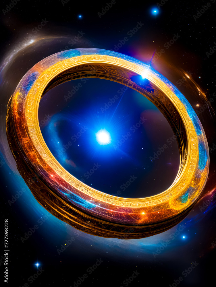 Poster picture of circular object with blue light in the middle of it.