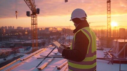 Side view photo of a engineering in a white helmet and yellow vest standing on a construction site roof with cranes, using a tablet