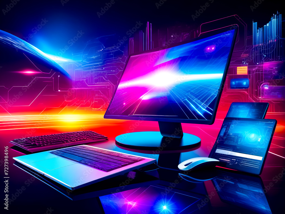 Aufkleber desktop computer sitting on top of desk next to laptop computer.