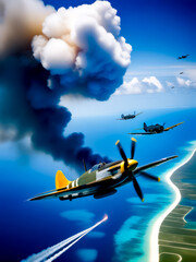 Obraz premium Painting of airplanes flying in the sky over the ocean and beach.