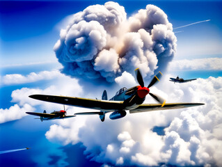 Painting of two planes flying in the sky with cloud of smoke behind them. - obrazy, fototapety, plakaty