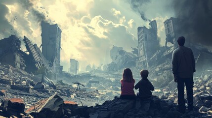 Photo of a family watching a city destroyed by an earthquake  - obrazy, fototapety, plakaty