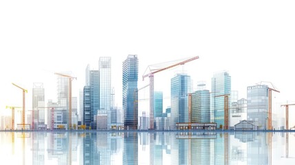 Fototapeta premium Simple illustration depicting a construction site for skyscrapers, showcasing the development of high-rise office and urban buildings. Isolated on a white background.