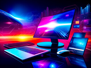 Desktop computer sitting on top of desk next to laptop computer.