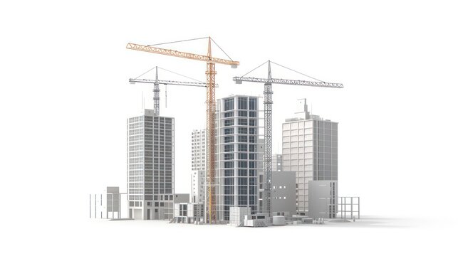 Simple illustration depicting a construction site for skyscrapers, showcasing the development of high-rise office and urban buildings. Isolated on a white background.