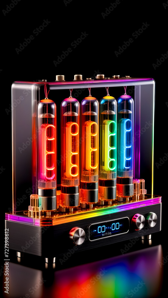 Poster close up of electronic device with clock on top of it.