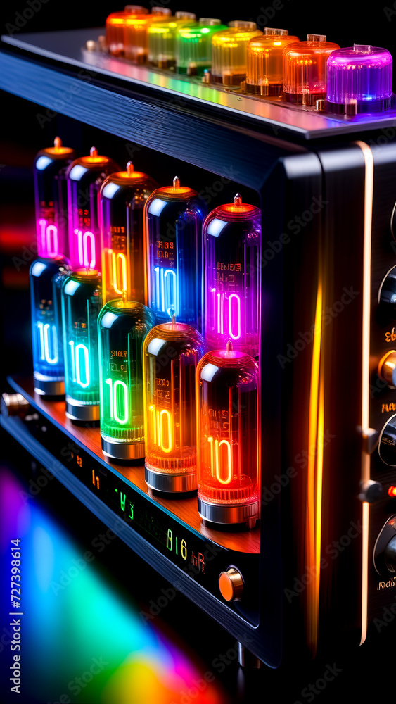Poster close up of radio with many different colors of lights on it.