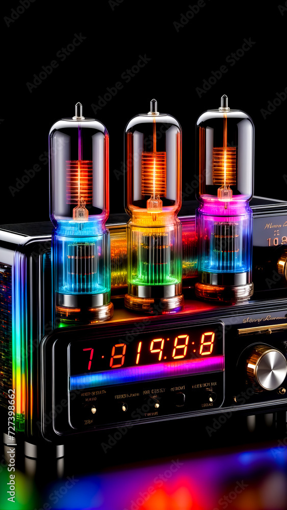 Poster Close up of radio with clock on the side of it.
