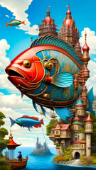 Painting of fish with clock on it's side and castle in the background.